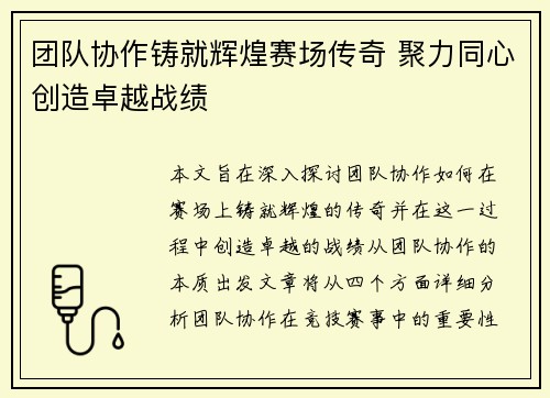 团队协作铸就辉煌赛场传奇 聚力同心创造卓越战绩