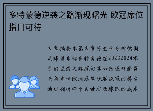 多特蒙德逆袭之路渐现曙光 欧冠席位指日可待