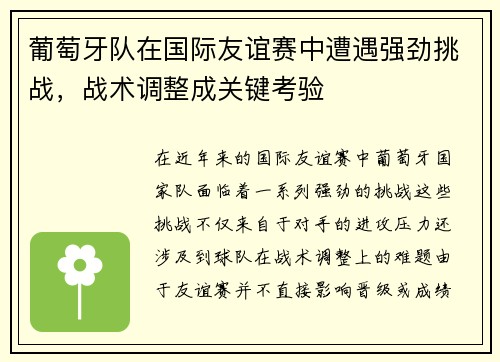 葡萄牙队在国际友谊赛中遭遇强劲挑战，战术调整成关键考验
