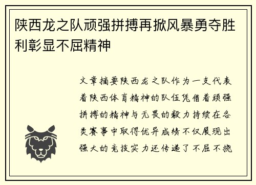 陕西龙之队顽强拼搏再掀风暴勇夺胜利彰显不屈精神